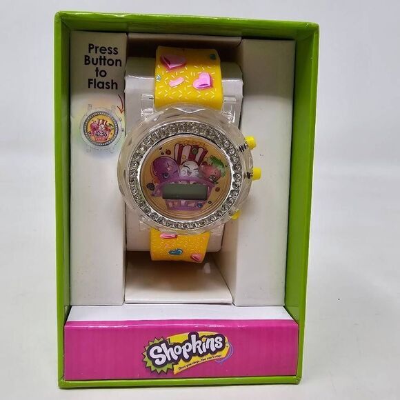 SHOPKINS ANALOG LCD FASHION WATCH RUBBER BAND YELLOW CLEAR CRYSTALS NEW - Picture 1 of 6